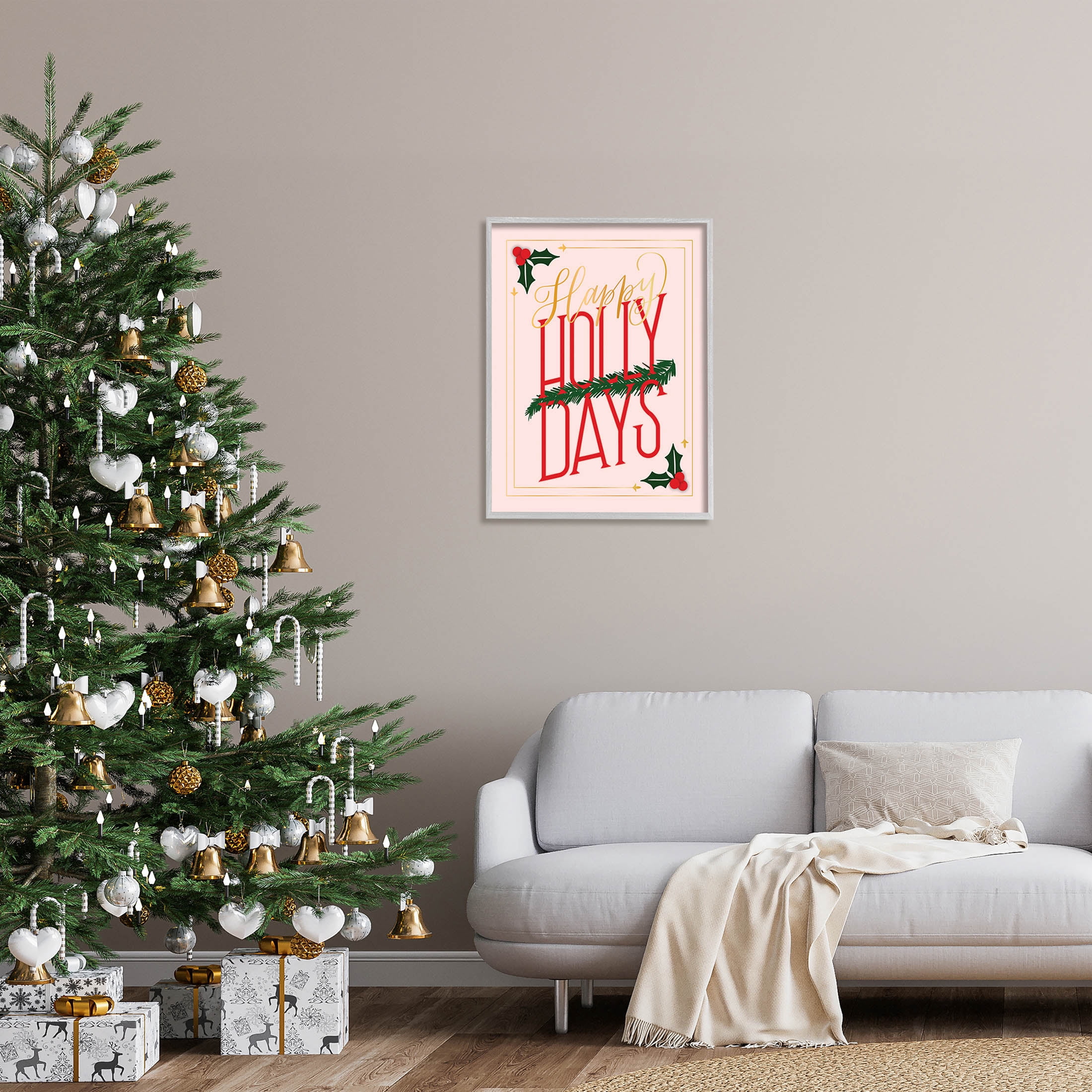 Happy Holly Days Botanical Holiday Holiday Graphic Art Gray Framed Art Print Wall Art