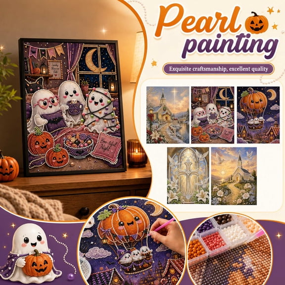 Diy Pearl Painting Kit with Christmas Church and Halloween Ghost Designs, Textured Wall Art for Bedroom Living Room Home Decor, 12X16 in Canvas Wall Art Craft Set for Student