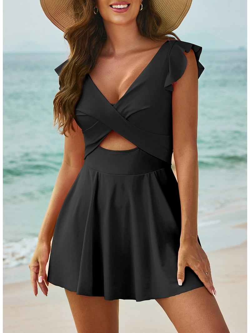 ワンピース Layered String Shirring Sleeveless Mini DressBlack SHEWIN Women's Plus Size Swimdress, Tummy Control, V-Neck