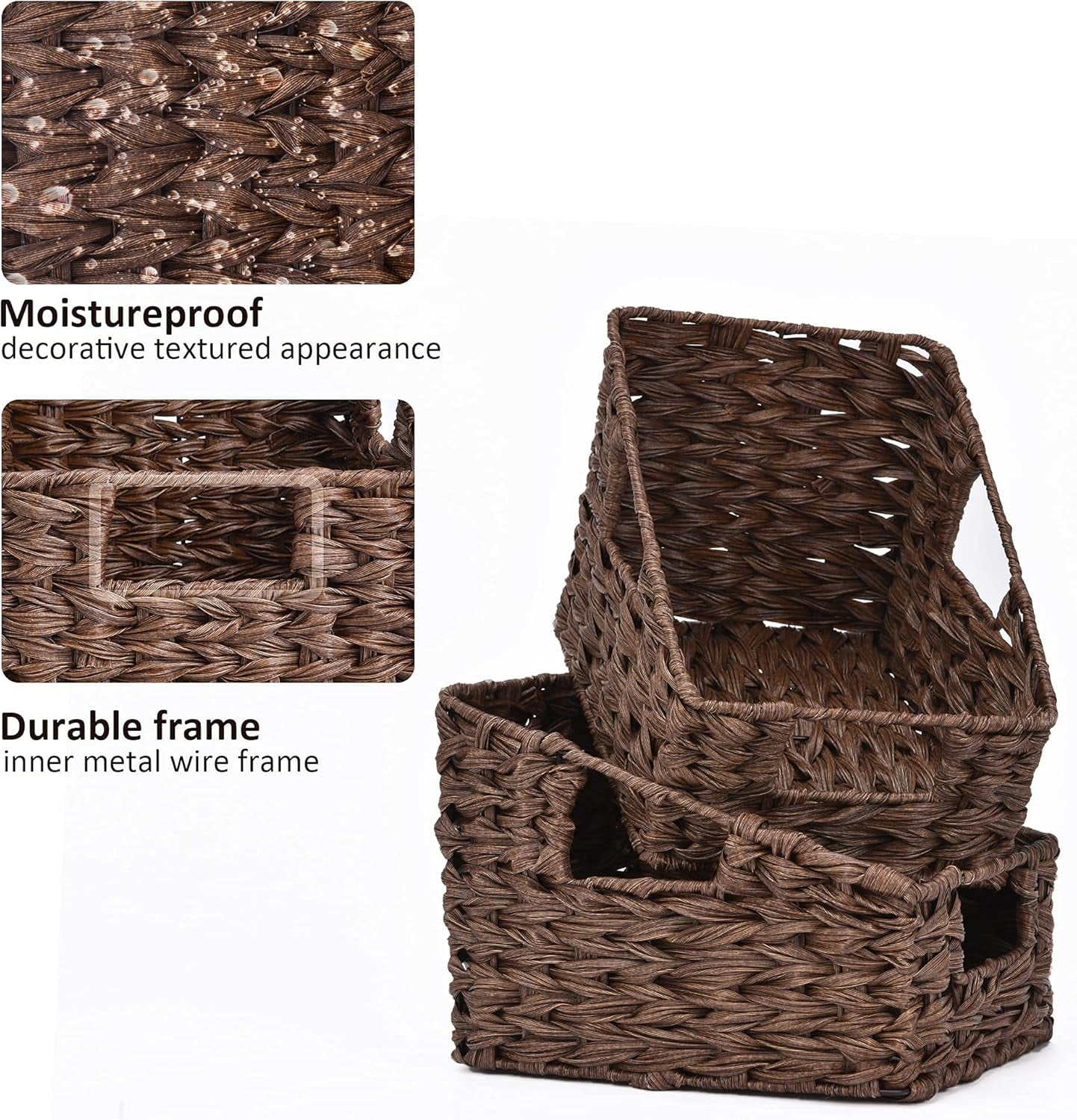 GRANNY SAYS Trapezoid Plastic Wicker Storage Baskets with Handles, Waterproof, Brown, 2-Pack