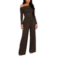 thumbnail image 4 of Women's 2 Piece Set, Off Shoulder Long Sleeve Top and Wide Leg Pants, Matching Lounge Sets for Women, Ruching Detail Loose Outfit for Casual Wear, Daily Outfits and Relaxation-Brown, 4 of 9