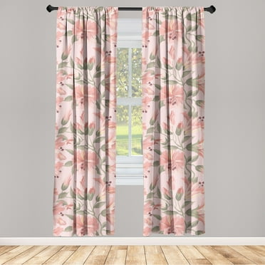 Flowers Boho Window Curtains, 90s Pastel Colors Floral Pattern with Leaves Hippie Chill Print, Lightweight Decor 2-Panel Set with Rod Pocket, Pair of - 28"x63", Peacock Green Pale Pink, by Ambesonne