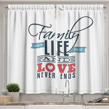 Ambesonne Vintage Kitchen Curtains, Words Family Love Typo, 55"x39", Black Pale Blue Red