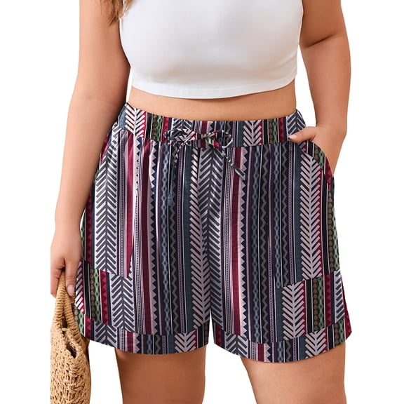 SHOWMALL Women's Plus Size Summer Shorts, Lightweight Breathable Casual Shorts with Pockets, Ethnic Geometric Stripe 3X Elastic Drawstring Waist High Waisted Lounge Beach Shorts