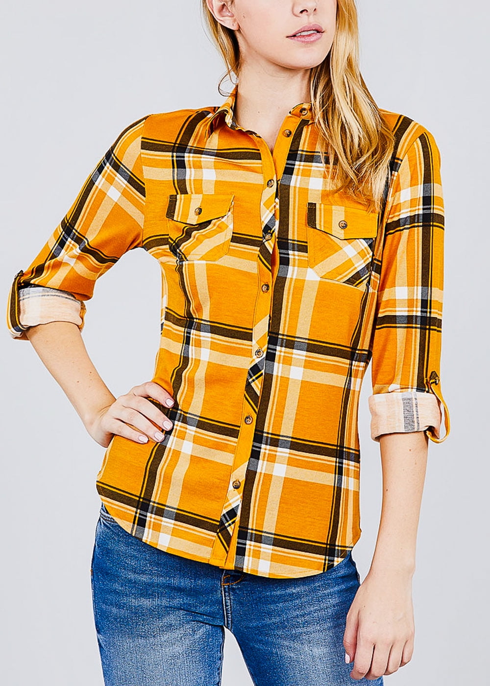 Moda Xpress Womens Button Up Shirt 3 4 Sleeve Shirt Collar Plaid Mustard Shirt Top 41220i
