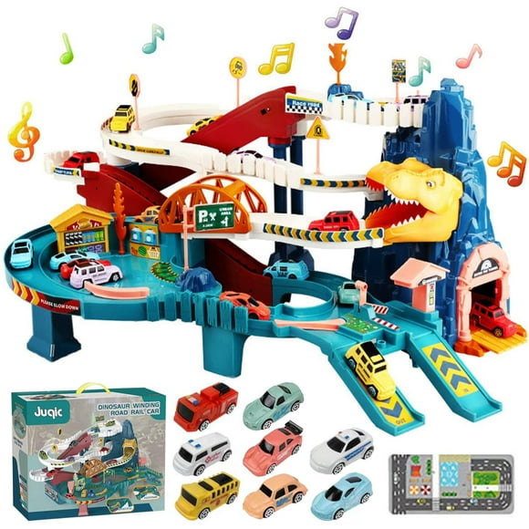 Toy Car Ramp Track Dinosaur Climbing Hills Railcar Colorful Vehicles Construction Play Set with 12 Mini Racer Cars and Track for Preschool Gifts Kids Ages 3 Years and Ol