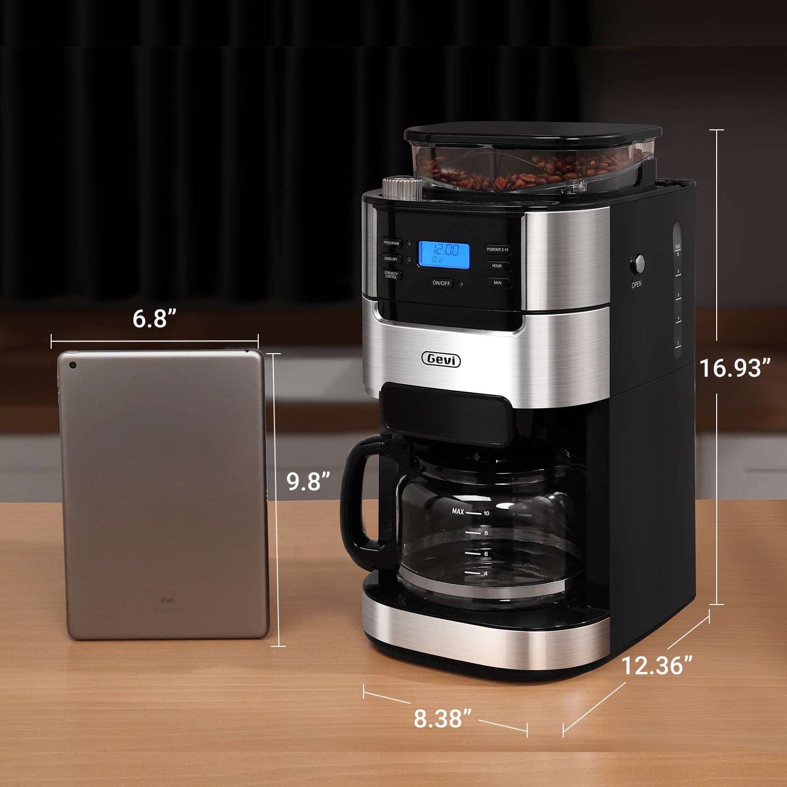 Gevi 10-Cup Coffee Maker, Programmable Grind and Brew, Built-In