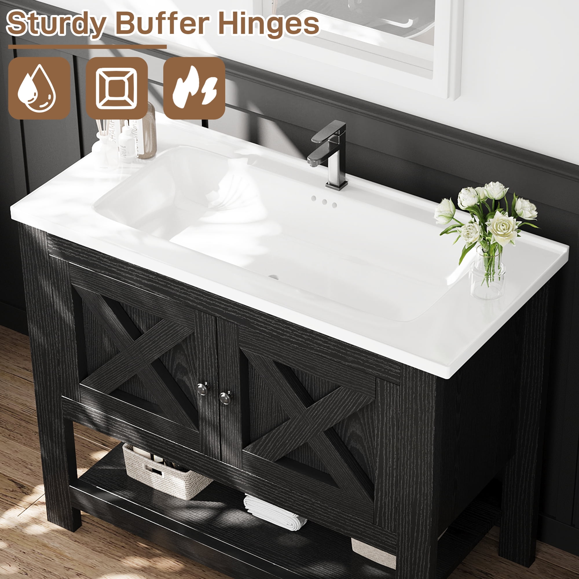 4 EVER WINNER 36" Black Bathroom Vanity with Sink, Farmhouse Storage Cabinet with X-shaped Barn Door, Ceramic Vanity Top & Open Shelf, Modern Vanity for Bathroom Laundry Room