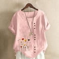 thumbnail image 2 of Staron Hauts pour Femmes Liquidation Grande Taille Été T-Shirts Décontractés Manches Courtes Retroussées Col Rond Hauts en Coton et Lin Chemises Amples Florales Chic, 2 of 4