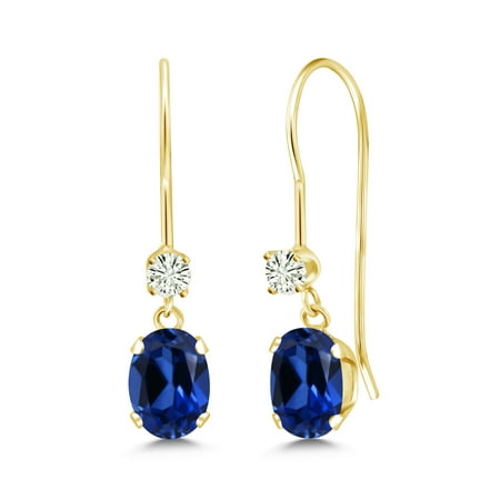 14K Yellow Gold Dangle Earrings Oval Blue Created Sapphire and Forever Classic Created Moissanite 0.12ct (DEW) by Charles & Colvard