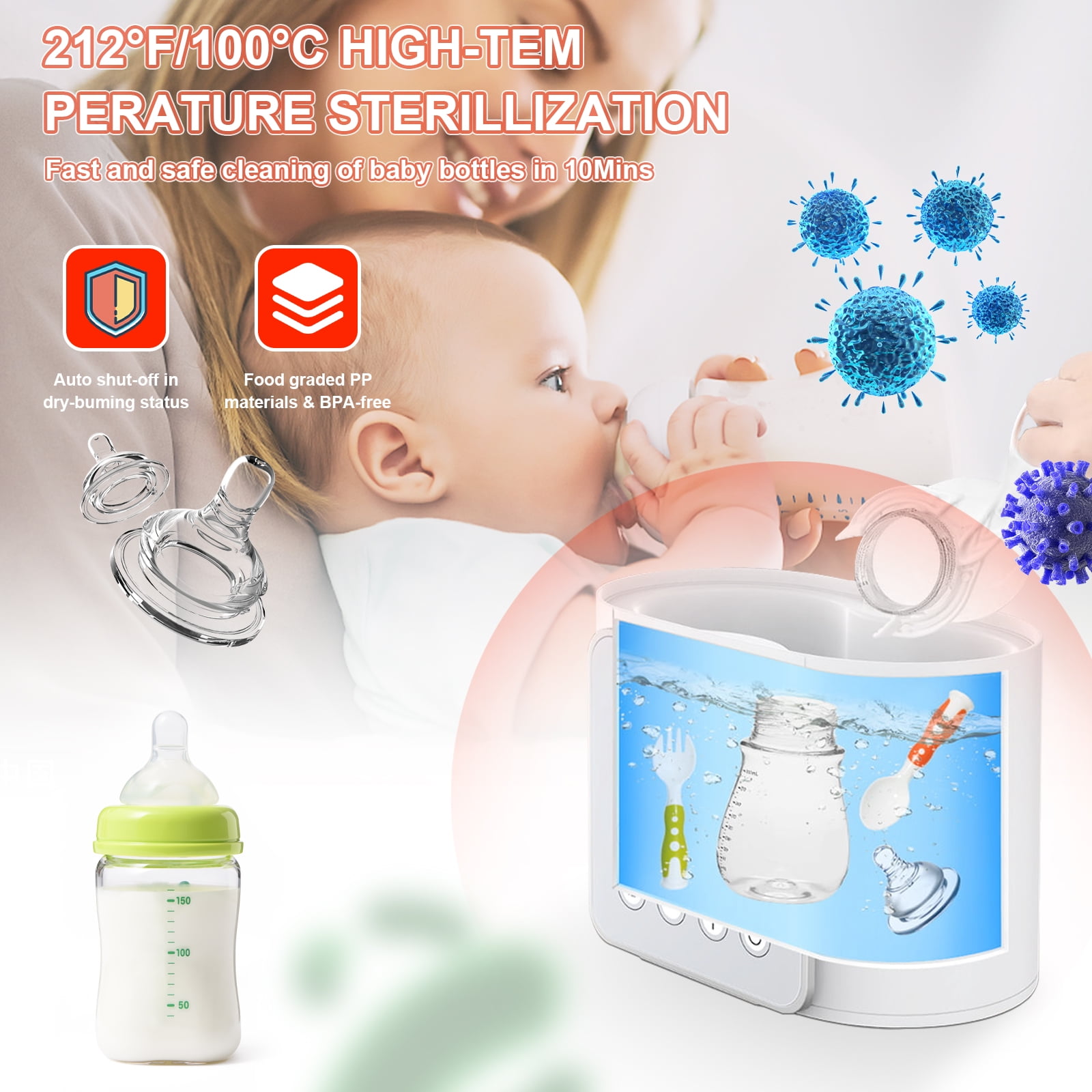 Baby Bottle Warmer, 9-in-1 Fast Milk Heating, Food Heating & Defrosting, 2 Bottle Breastmilk or Formula Warmer with Timer