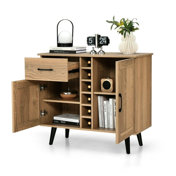 Costway 2-Door Wine Bar Cabinet Kitchen Sideboard Buffet with Drawer & Adjustable Shelves