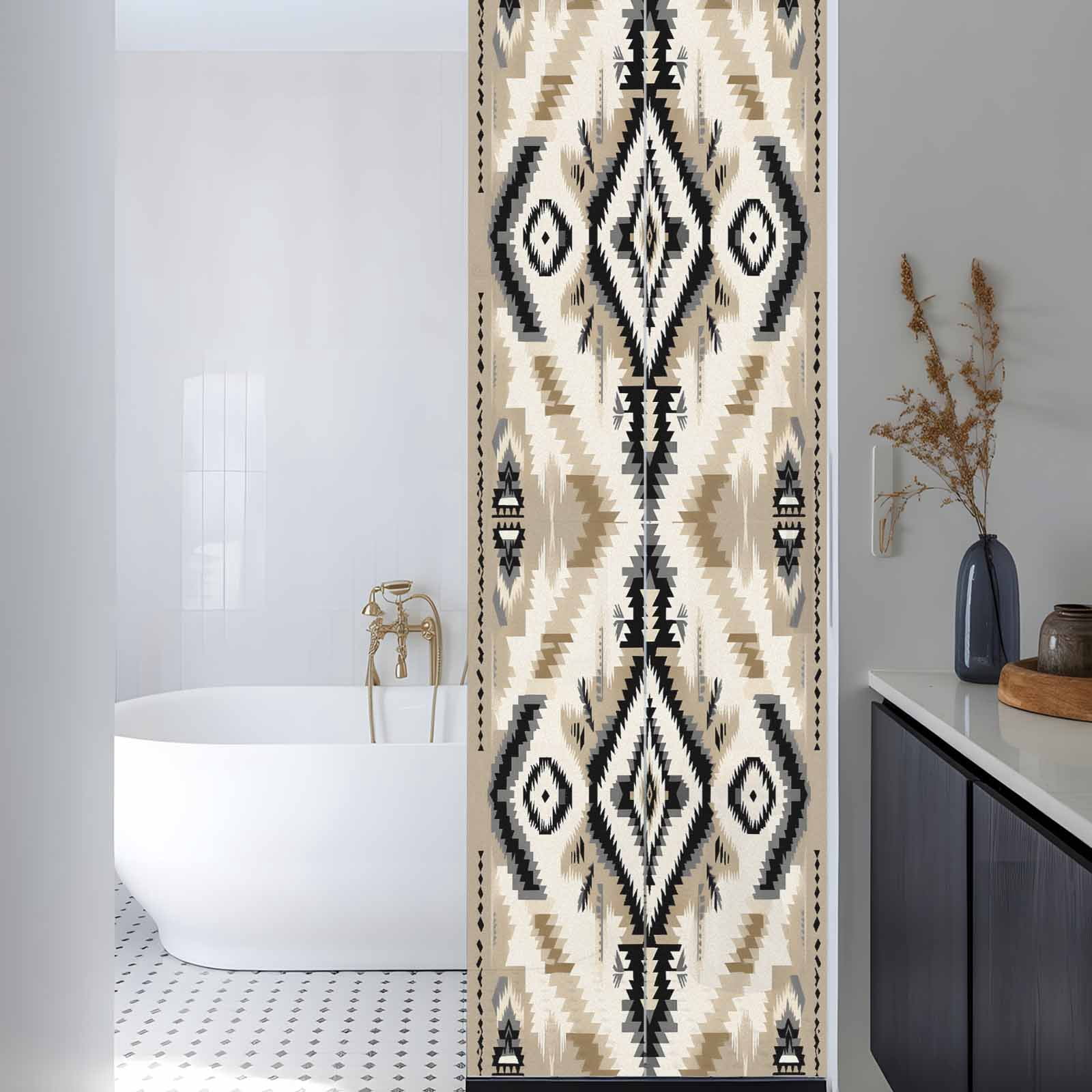 Boho Black Brown Window Privacy Film, Southwestern Geometric Ethnic Retro Static Cling UV Sun Blocking Heat Control Window Tint Day and Night, Non-Adhesive One Way Windows Privacy Cover 17.7''x78.7''