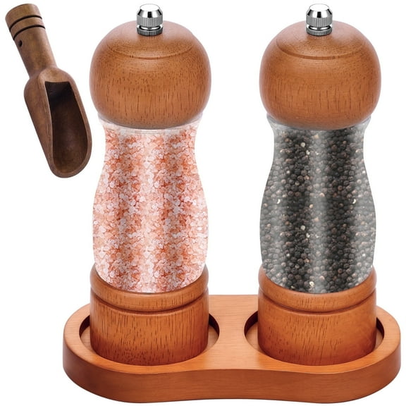 FUYGRCJ 4PCS 6 inch Salt and Pepper Grinders, Wooden Salt and Pepper Mills Shakers, Manual Pepper Mill with Wood Base & Spoon, Acrylic Visible Window, Ceramic Rotor with Strong Adjustable Coarseness