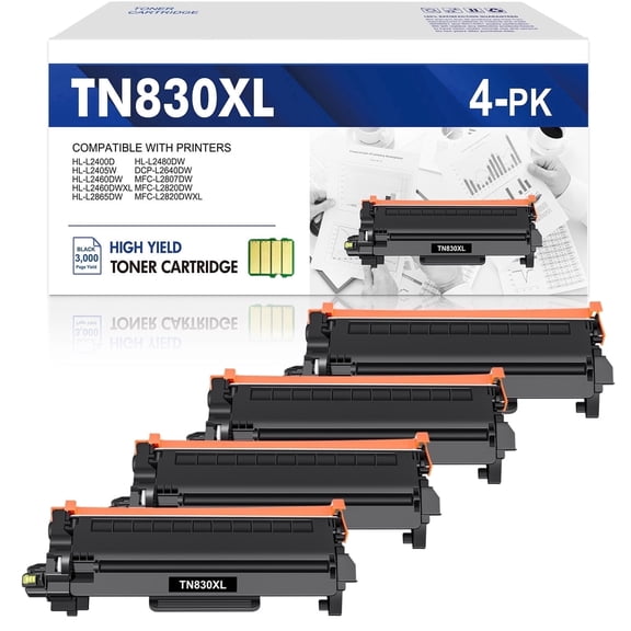 TN830XL Toner Cartridges 4 Pack With Chip Compatible for Brother TN 830XL TN830XL/V DCP-l2640dw HL-l2460dw HL-l2405w MFC-l2820dw MFC-l2760dw HL-l2480dw HL-l2465dw Printer Ink, TN 830 XL Black Ink