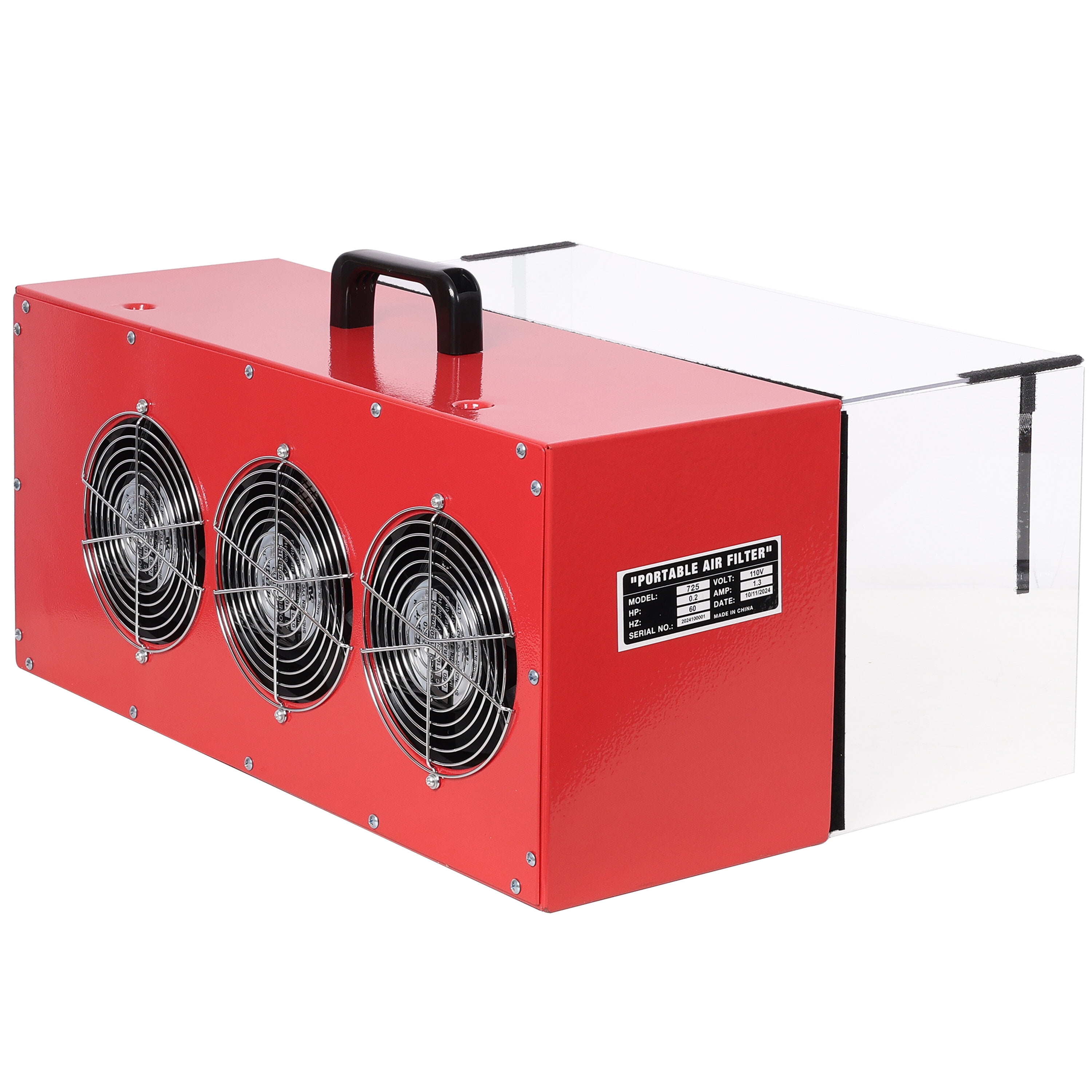 Portable tabletop dust collector,Maximum Air Flow 725CFM; Each fan runs on a 110V variable speed motor; Total Running Amps 1.29AMPS, Red color,