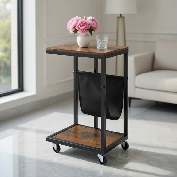Topcobe C-Shaped Side Table with Canvas Storage Pouch and Metal Frame, End Tables Living Room, Modern Furniture for Home-Brown