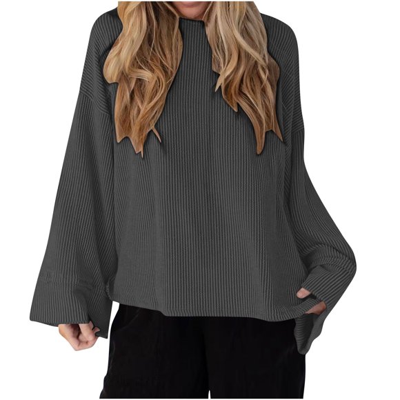 Women's Fashionable Striped Top - Long Sleeved Round Neck Solid Color