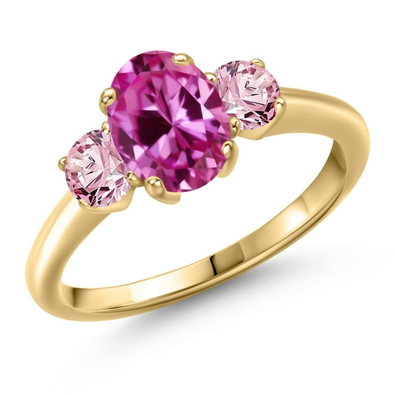 Gem Stone King 10K Yellow Gold Pink Created Sapphire and Pink Lab Grown Diamond Engagement Ring for Women | 2.15 Cttw | Oval 8X6MM | Gemstone September Birthstone | Size 8