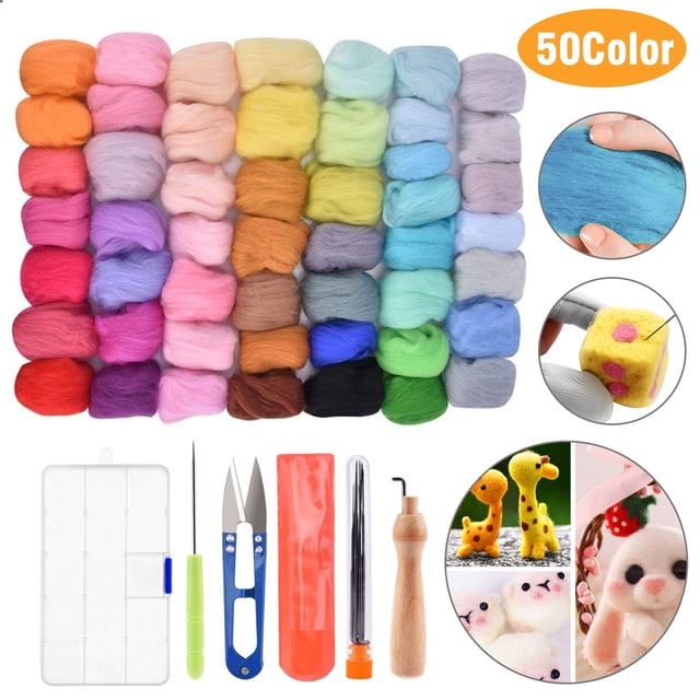 Needle Felting Kit - Wool Roving 50 Colors Set, Starter Felting Tool Kit & Foam Mat, DIY Wool Roving Fibre Yarn, Fibre Wool Yarn Spinning Sewing Supplies for Needle Felting Crafts Gift