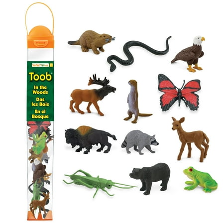 Safari Ltd In The Woods TOOB - Figurines: Elk, Otter, Monarch Butterfly, Black Bear, Snake, Eagle, Beaver, Doe, Grasshopper, Frog, Raccoon, Bison - Educational Toys for Boys, Girls & Kids Ages 3 