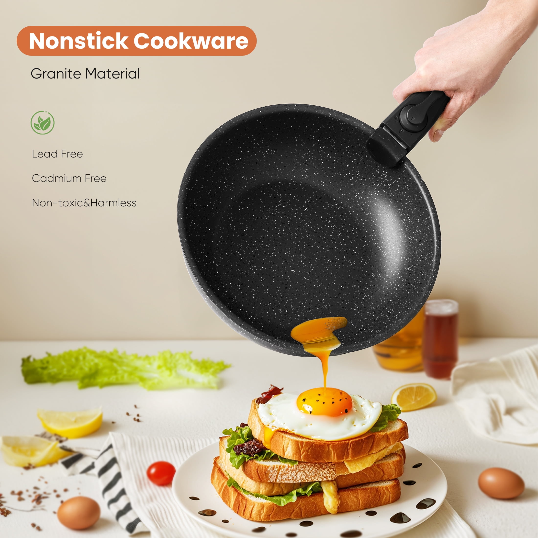 JIOABL 12 Pcs Non-Stick Cookware Set, Complete with Pots and Pans Featuring Detachable Handles, Beige