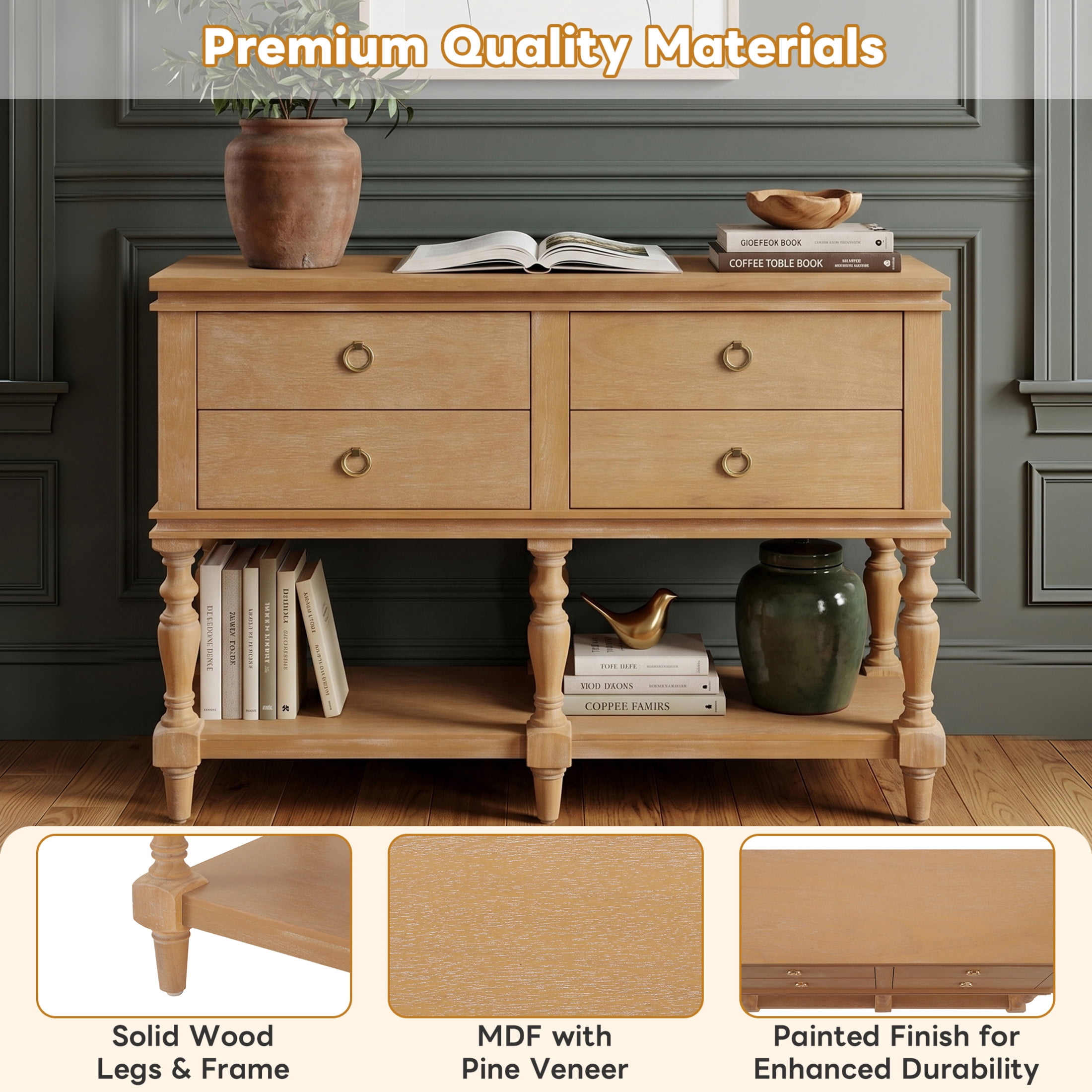 Christopher Knight Home 42" Vintage Console Table with 4 Soft-Close Drawers, Bottom Shelf, Natural