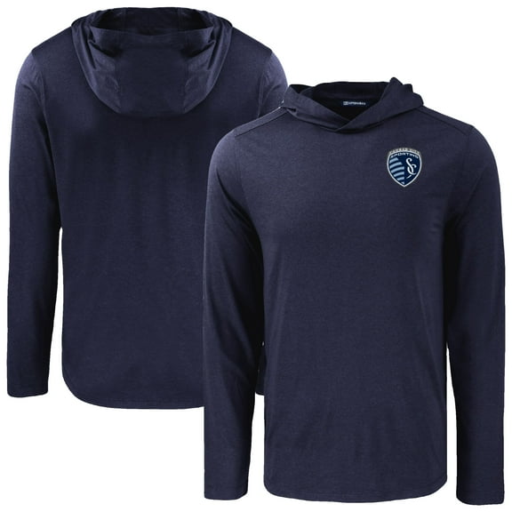 Men's-Cutter & Buck  Navy Sporting Kansas City Coastline Epic Comfort Eco Long Sleeve Recycled Hooded Shirt