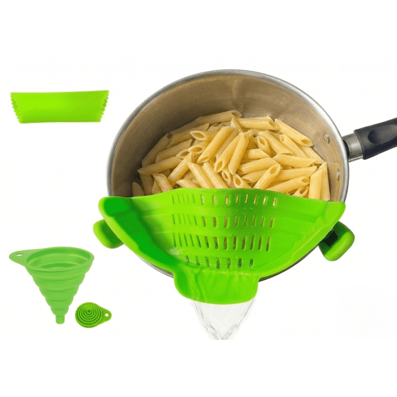 LYCIAN WAY Clip on Strainer Silicone for All Pots and Pans, Pasta Strainer, Plus Silicone Collapsible Funnel and Garlic Peeler -3 pack - (Lime Green)