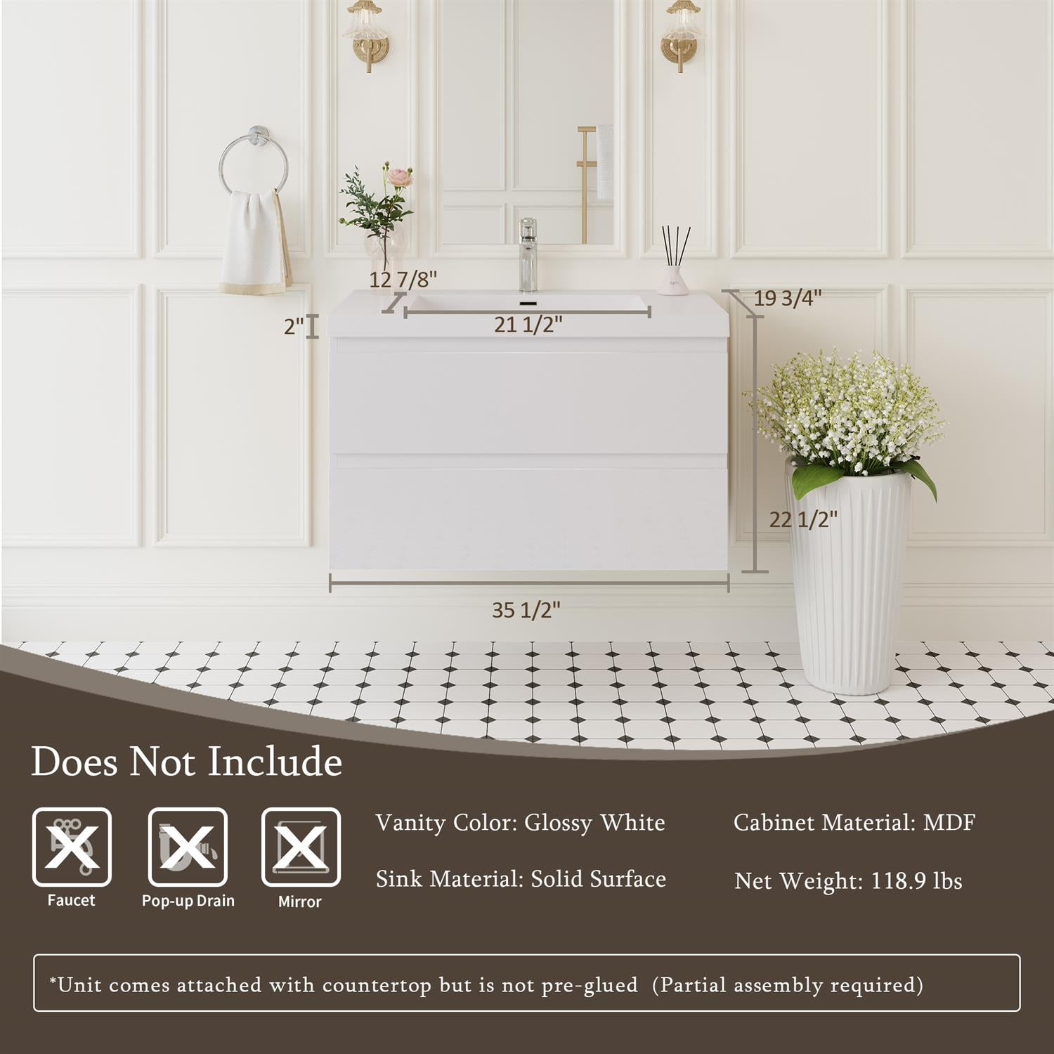 Demi Bonn 36" Floating Bathroom Vanity with Sink, Resin Top Basin and 2 Soft Close Drawers, Faucets and Drains Not Included, White