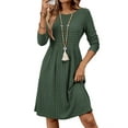 thumbnail image 2 of Women'S Casual Sweater Dress Crew Neck Knit Long Sleeve Dress A-Line Knee Length Fall Winter Dress Dark Green M, 2 of 7