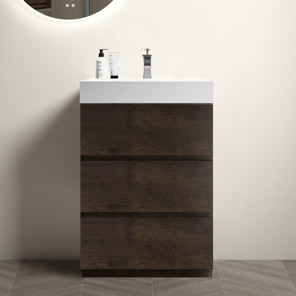 24" Bathroom Vanity with White Sink, Large Storage Freestanding Bathroom Vanity for Bathroom, One-Piece Sink Basin without Drain and Faucet, Walnut