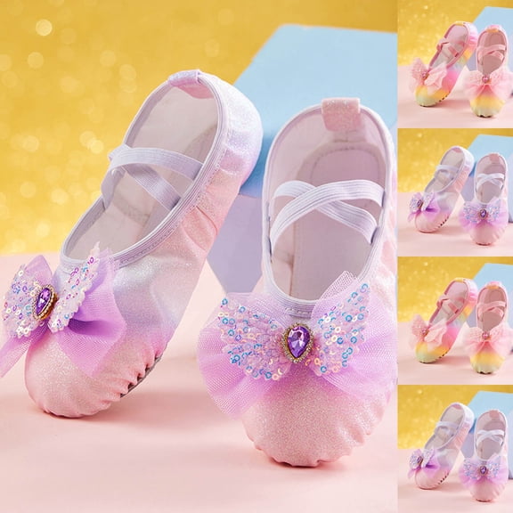 Miluxas Ballet Shoes for Girls, Gradient Sequin Bow Dance Practice Slippers Split Soft Flat Sole Yoga Gymnastics Shoes (Toddler/Little/Big Kid) Purple 12(30)