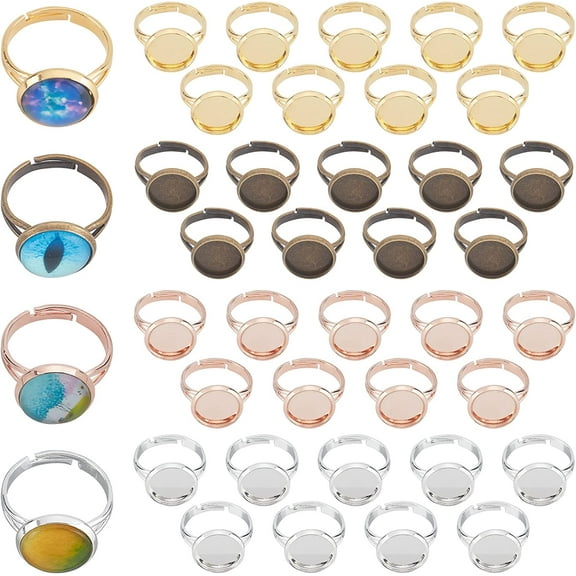 1 Box 40Pcs 4 Colors Adjustable Blank Rings 12mm Flat Round Cabochon Ring Settings Bezel Tray Metal Blanks Pad Ring Findings Ring Bases for DIY Earring Jewellery Making Mixed Color