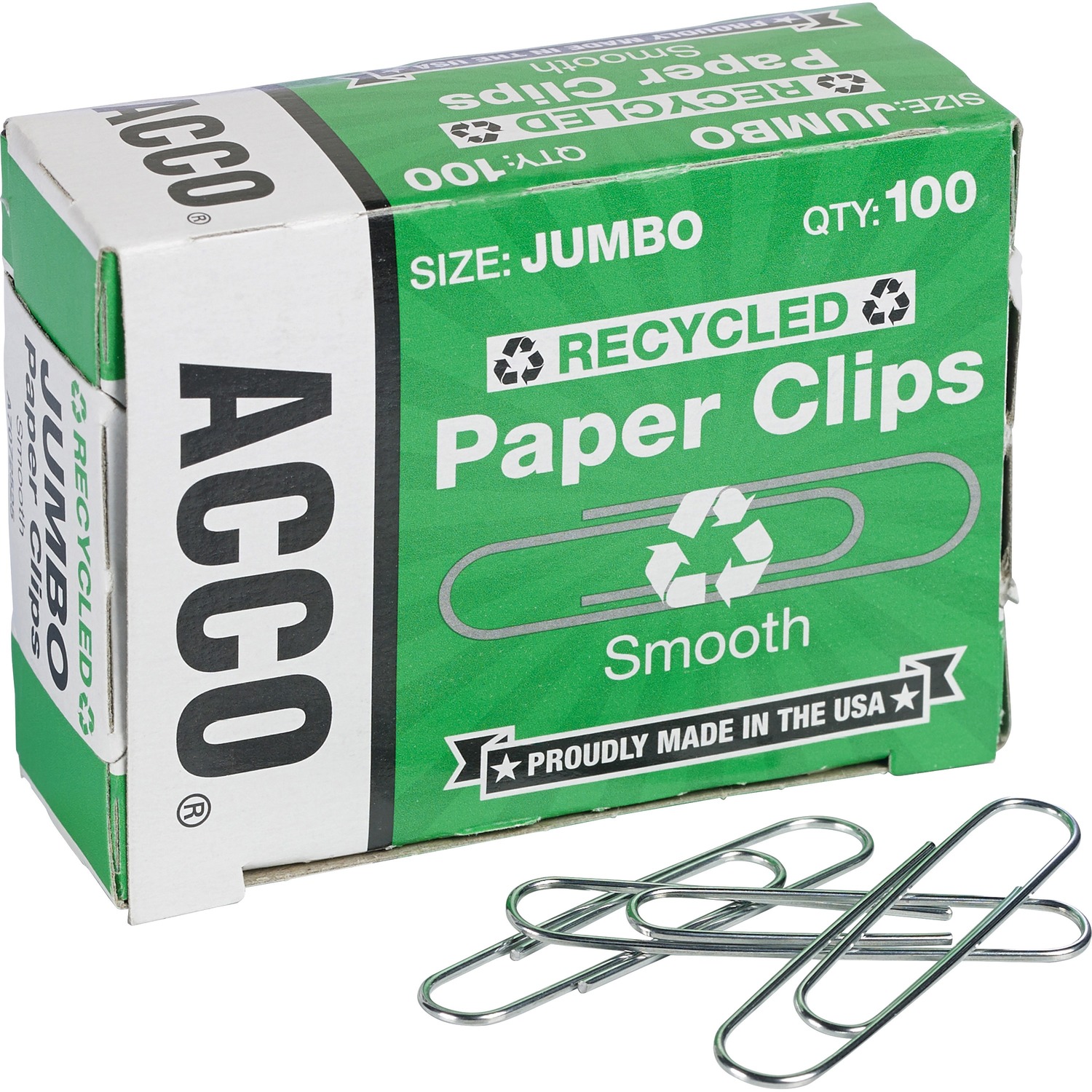 Acco Recycled Paper Clips - Jumbo - No. 4 - 1.6" Length - for Paper - Environmentally Friendly - 1000 / Pack - Silver | Bundle of 5