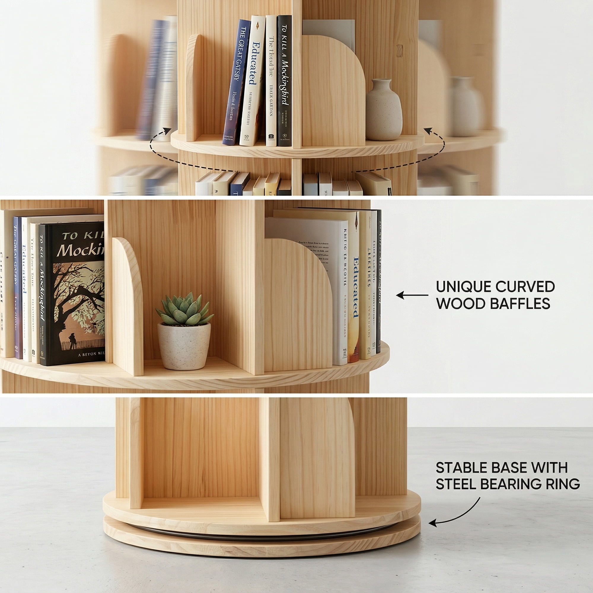 4 Tier Rotating Bookshelf, Round Floor Standing Bookcase with 360° Spinning Storage, Wooden Display Shelf for Books, Décor and Toys, Natural
