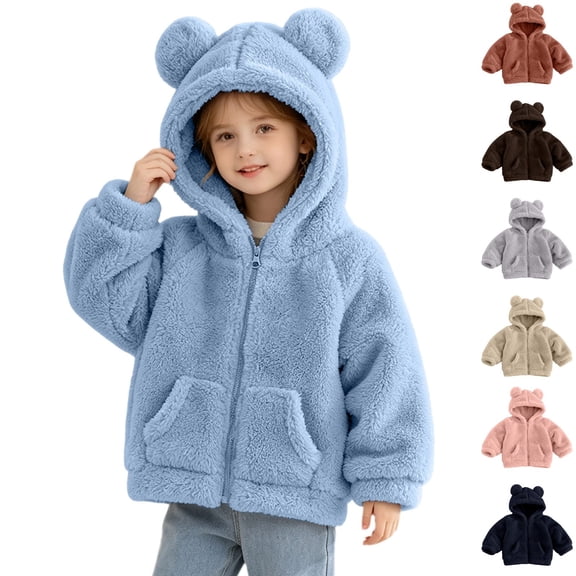 Stamzod Toddler Clothes Girls Boys Cute Bear Ear Hooded Fleece Jacket Casual Warm Zip Up Sherpa Winter Coat with Pockets Blue B 1-2Years
