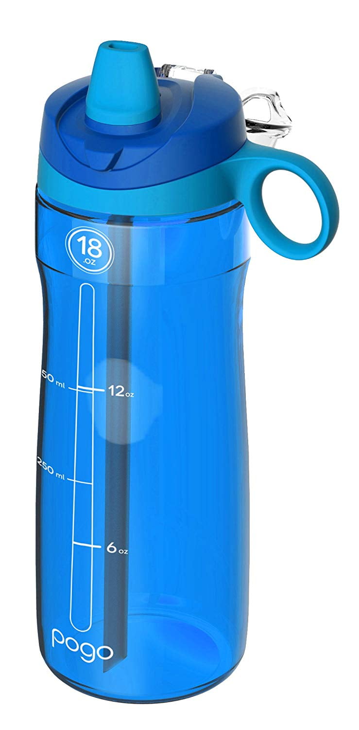 Pogo BPA-Free Plastic Water Bottle with Soft Straw, Blue, 18 oz.