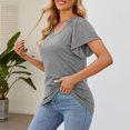 thumbnail image 3 of Top de verano para mujer, blusa holgada de manga corta con volantes, cuello redondo, hombros fruncidos, gris M, 3 of 6