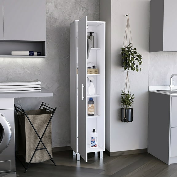 70" Tall White Cabinet With Four Shelves And Broom Hangers For Home Storage Organization Shelves, Tall, Magnetism