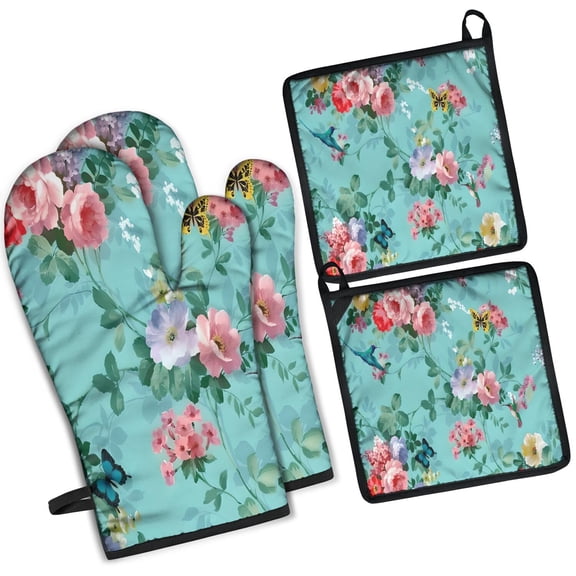 Pioneer Flower Floral Print Pattern Kitchen Oven Mitt and Pot Holder Sets 2 Pcs for Baking, Cooking and Grilling, Heat Resistant Up To 392 °F