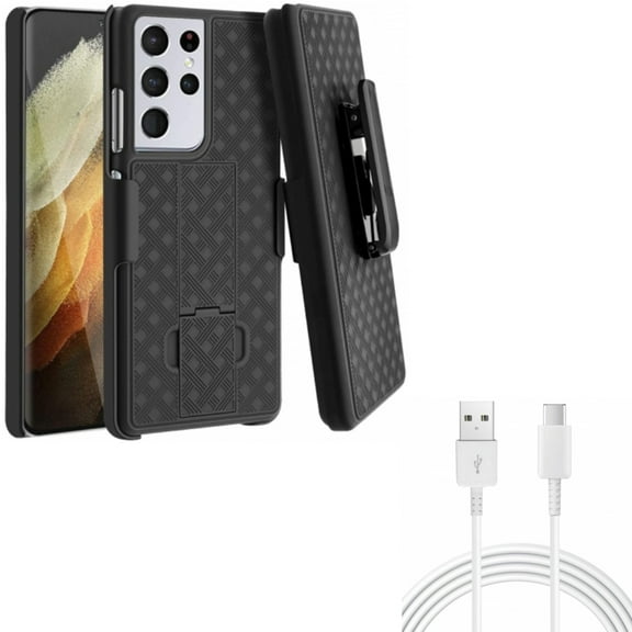 10ft USB-C Cable w Case Belt Clip for Samsung Galaxy S21 Ultra - Type-C Charger Cord Power, Holster Swivel Cover