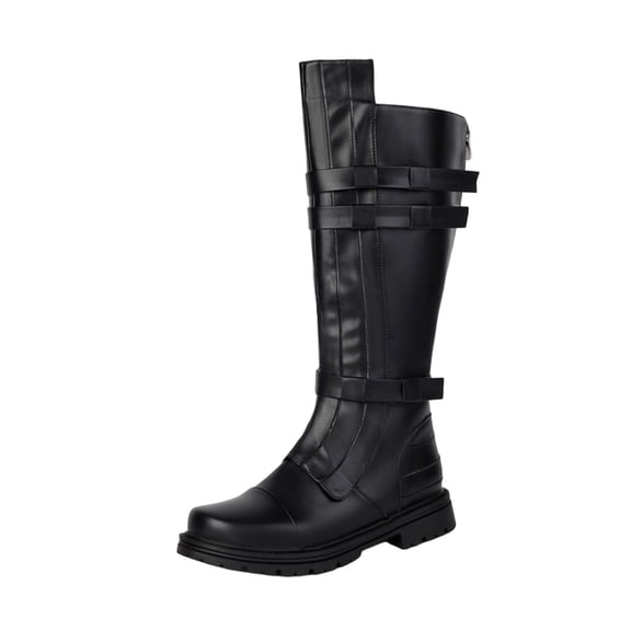 XUNKUSGA Mens Motorcycle Leather Boots Fashion Round Toe Side Buckle Strap Low Heel Knee High Boots Vintage Engineer Biker Boots for Men with Back Zipper,6.5