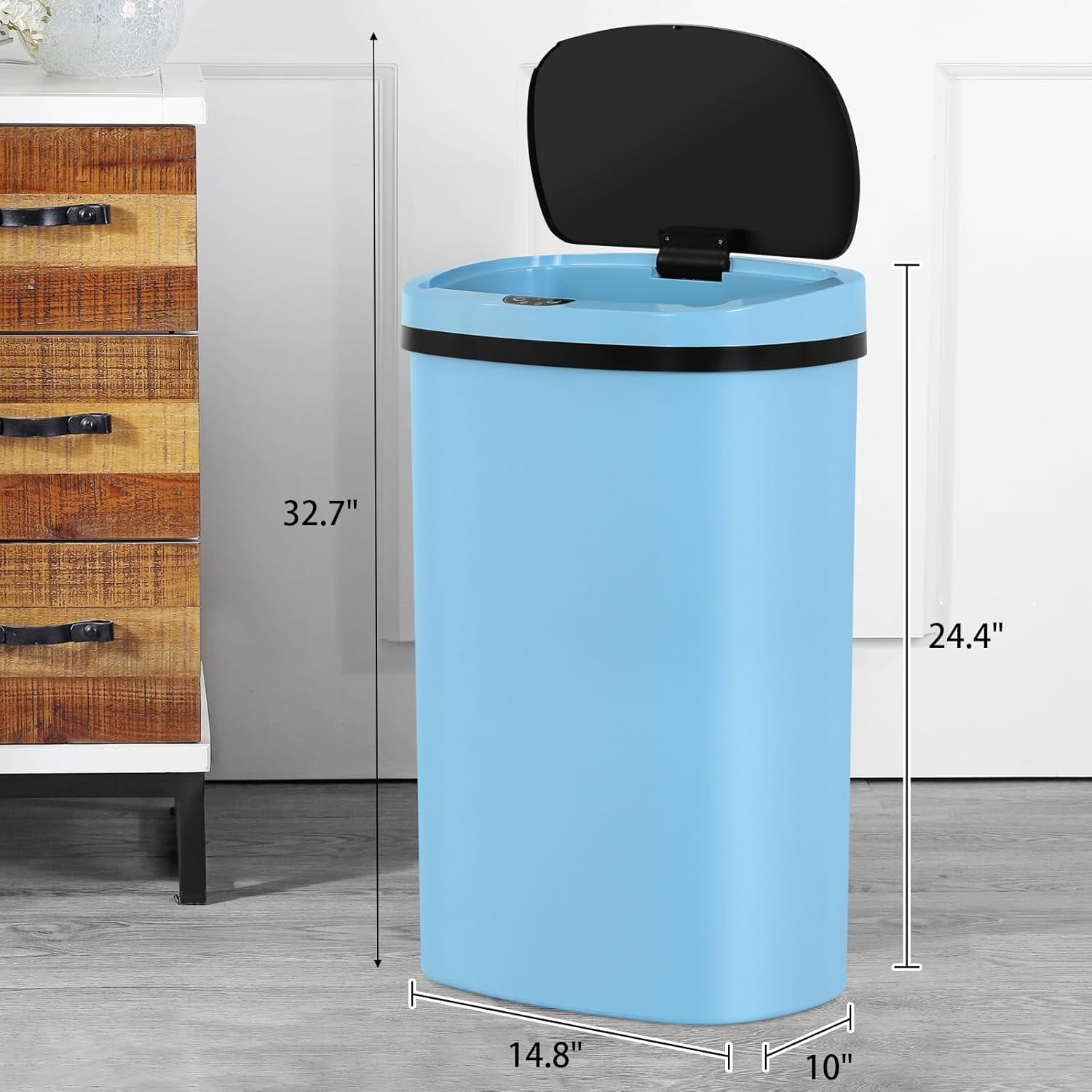 13 Gallon Trash Can Kitchen Trash Can Automatic Garbage Can with Lid Plastics Trash Bin Touch Free Motion Sensor Garbage Bin for Kitchen Bathroom Wateproof Trash Can, Blue