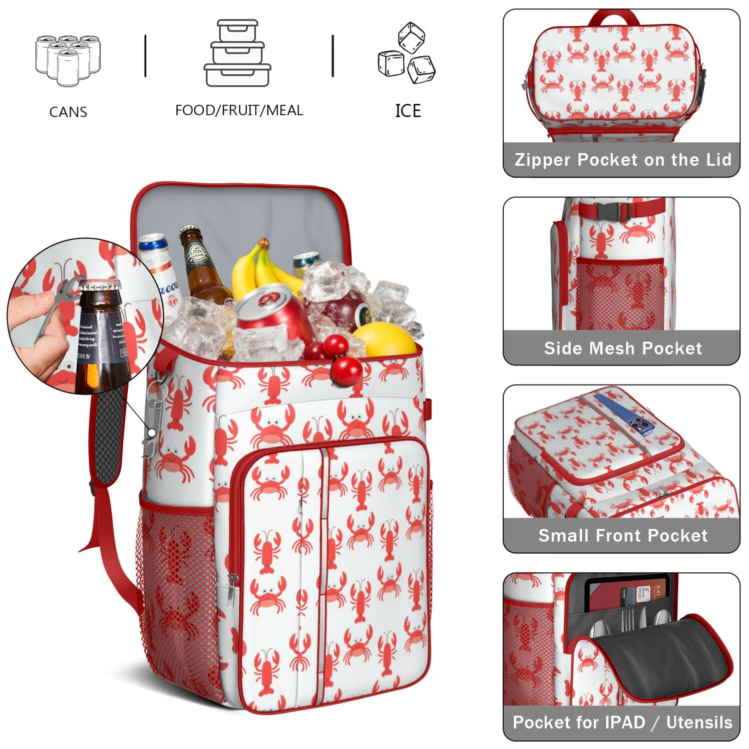Insulated Cooler Backpack,Cooler Bag Insulated Leak Proof Travel Cooler Bag Waterproof Lunch Picnic Beach Work Trip Thermal Bag Drink Beverage Beer Bag Cooler Marine Adorable Crab