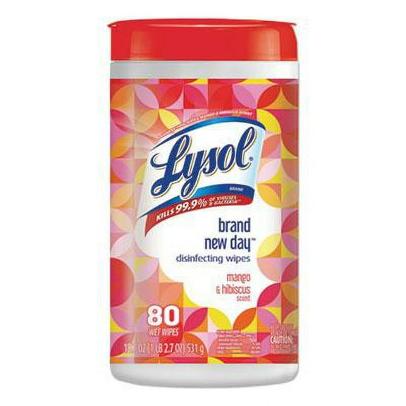LYSOL® Brand Disinfecting Wipes, 7 x 7.25, Mango and Hibiscus, 80 Wipes/Canister, 6 Canisters/Carton (RAC97181)