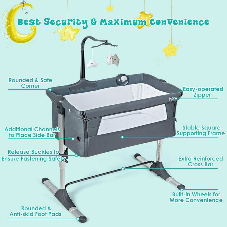 Gymax Height Adjustable Portable Baby Bed Side Crib W/ Music