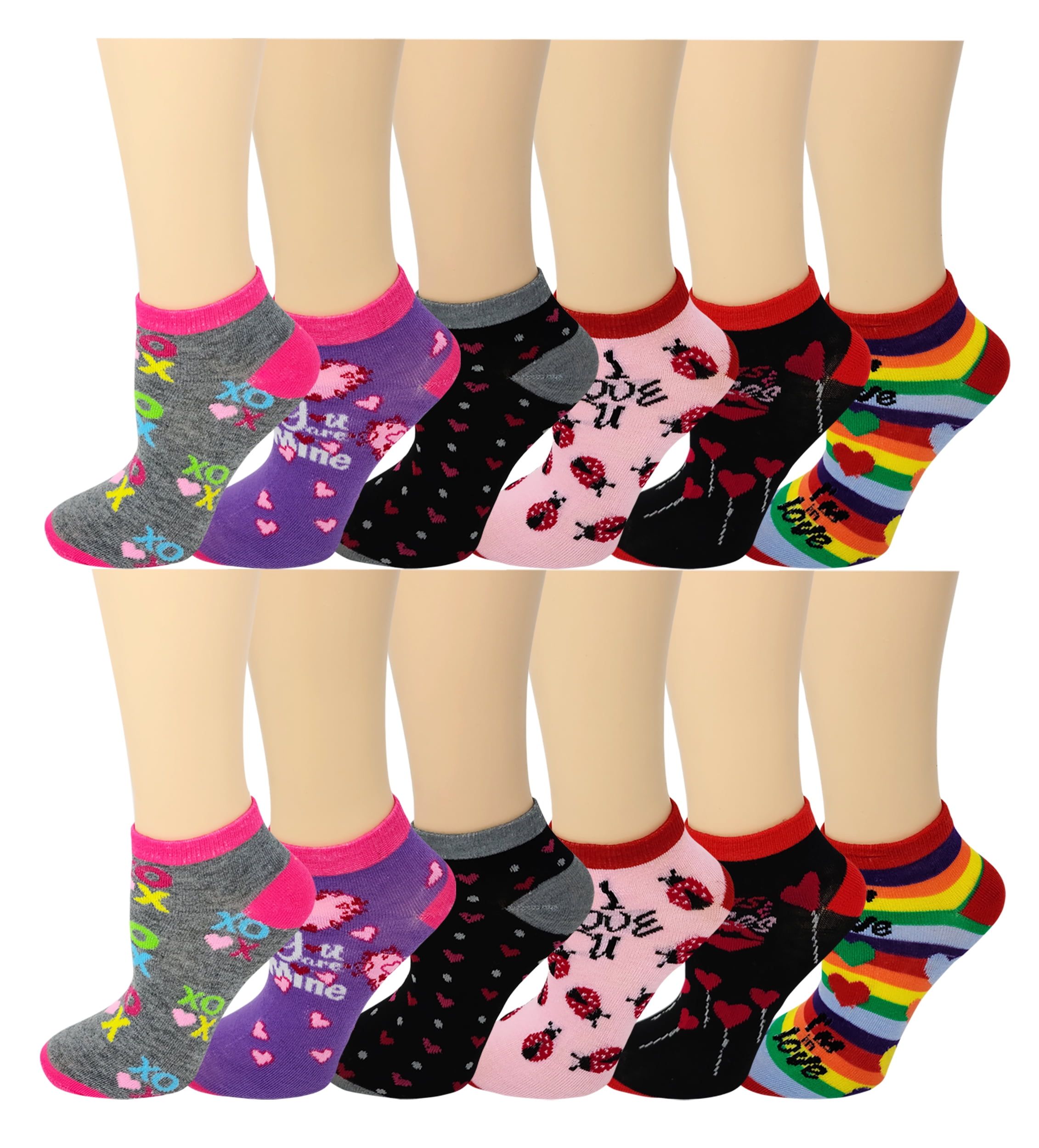 12 Pairs Pack Women Low Cut Neon Colorful Fancy Design Anklet Socks 9-11 