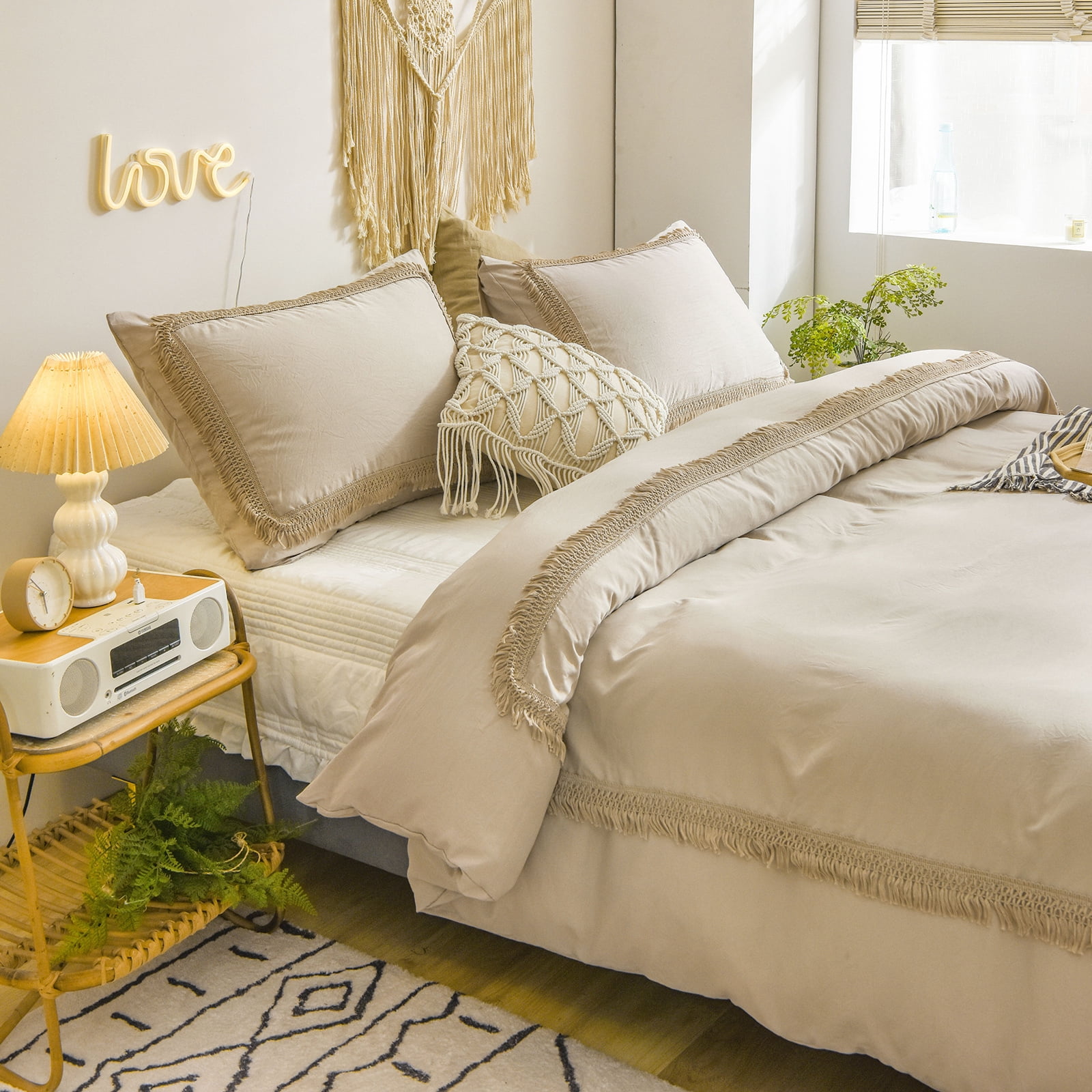 Move Over Taupe Bedding Set Boho Queen Hollow Square Grid Tassel Duvet Cover Set Solid Color Pattern Washed Microfiber No Filling