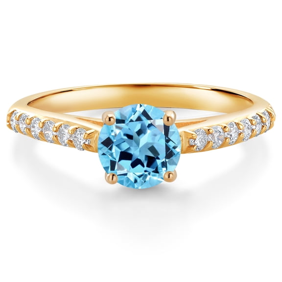 Gem Stone King 10K Yellow Gold Swiss Blue Topaz and White Lab Grown Diamond Engagement Ring for Women (1.18 Cttw, Gemstone November Birthstone, Round 6MM, Size 7)